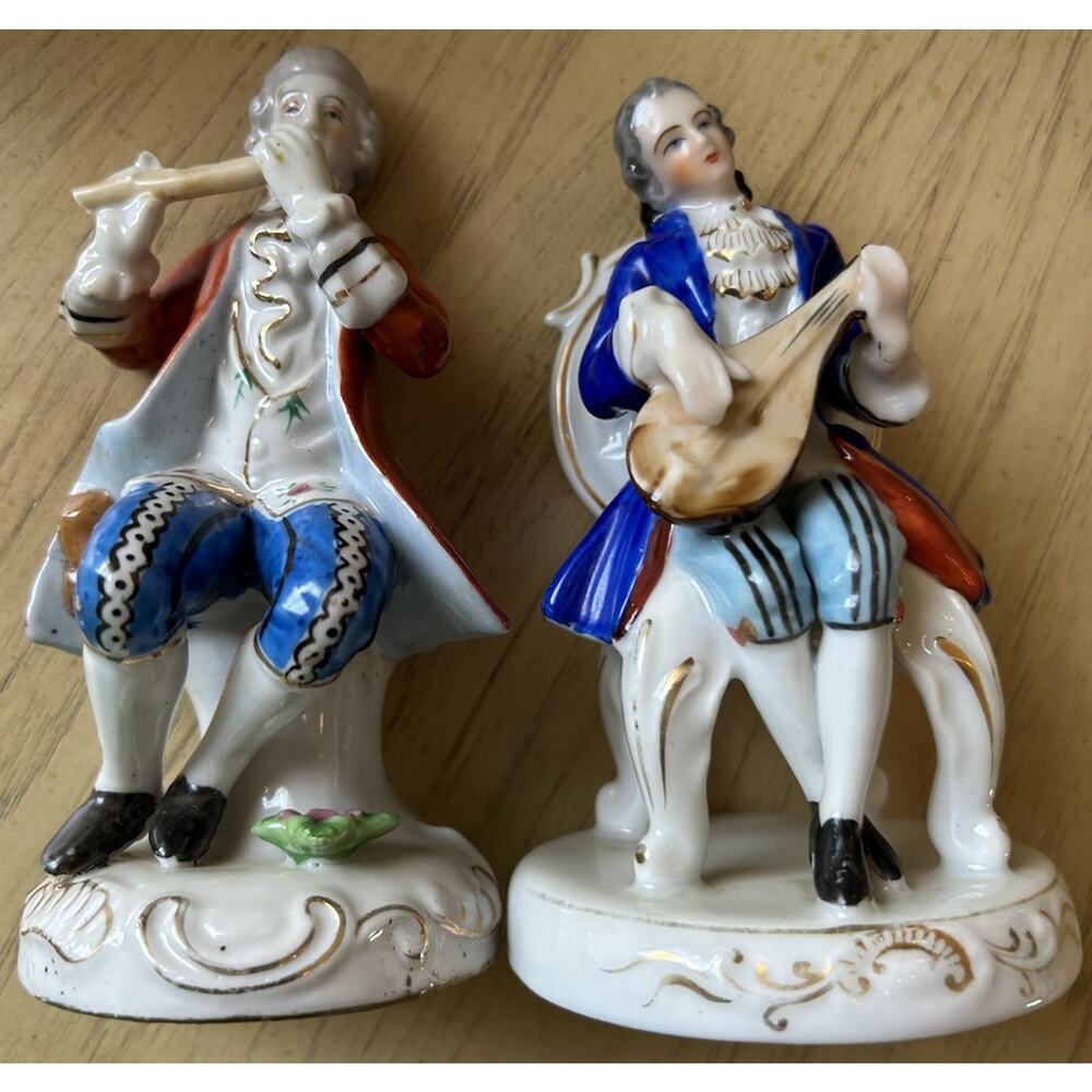 VTG Occupied Japan Porcelain Figurines Man Playing Music 1940s 50s GOLD Trim